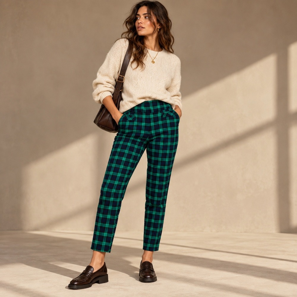 Blackwatch Green Navy Plaid Stretch Ankle Pants 10P Tartan Preppy Academia